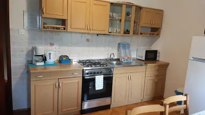 a kitchen with wooden cabinets and a stove top oven at Apartment Bric in Kobarid