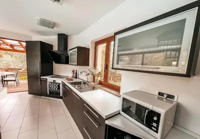 a kitchen with a large window and a sink at Olive garden family apartment with private pool in Sežana