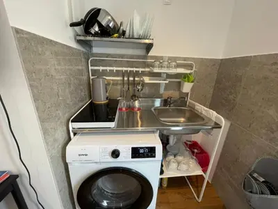 a small kitchen with a sink and a washing machine at Ljubljana Studios in Ljubljana