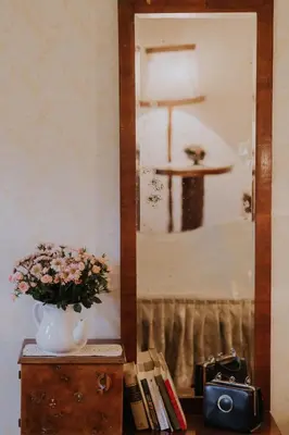 a mirror with a vase of flowers on a table at Koroška hiša Pri lipi, Boutique hotel in Muta