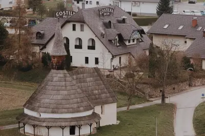 a large house with a roof in a city at Koroška hiša Pri lipi, Boutique hotel in Muta