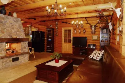 a large living room with a fireplace and a television at Luxury Chalet at Podlipje Estate in Tešanovci