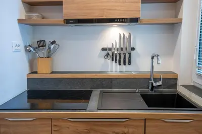 a kitchen with a sink and a counter at TEMPFER Apartments & Rooms with new WELLNESS in Rateče