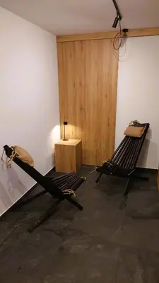a room with two hammocks in front of a wall at TEMPFER Apartments & Rooms with new WELLNESS in Rateče