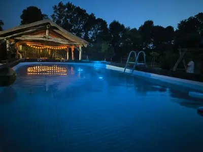 a swimming pool with a gazebo at night at Apartma in wellness Čista fantazija in Velika Polana