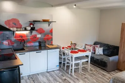 a kitchen and living room with a table and a couch at Apartma in wellness Čista fantazija in Velika Polana