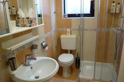 a bathroom with a toilet and a sink and a shower at Sobe Vera in Bovec