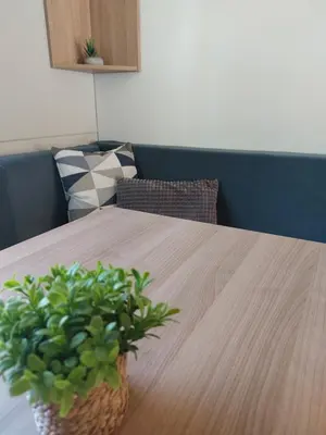 a potted plant sitting on top of a wooden table at Mobilna hiška Lebanč in Breginj