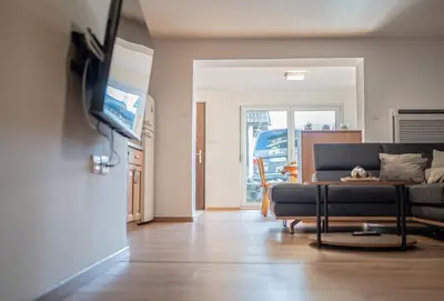 a living room with a couch and a tv at Apartmaji Ježek Kope in Šmartno pri Slovenj Gradcu