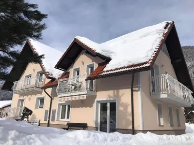 a house with snow on the roof at Apartmaji Misotič in Gozd Martuljek