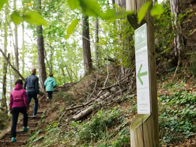 people walking on a trail in the woods at Rooms Savinja in Laško