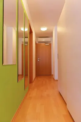 a hallway with green walls and a brown door at Apartment Bohinjko in Bohinj