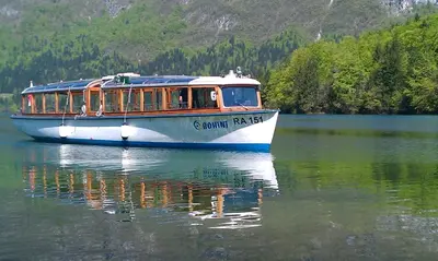 a boat in the water on a lake at Apartment Bohinjko in Bohinj