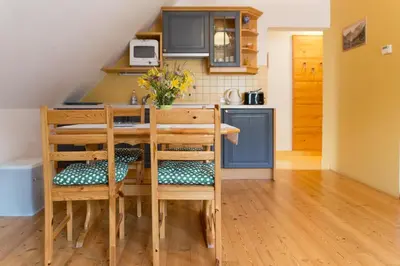 a kitchen with a table and chairs in a room at Alpine Spot in Kranjska Gora