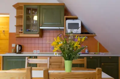 a kitchen with a table with a vase of flowers on it at Alpine Spot in Kranjska Gora