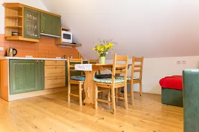 a kitchen with a table and chairs in a room at Alpine Spot in Kranjska Gora