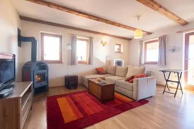 a living room with a couch and a fireplace at Holiday Home Katričnek in Bohinjska Bela