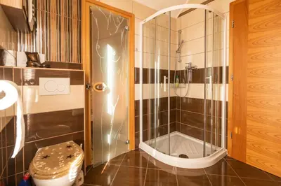 a bathroom with a shower with a glass door at Holiday Home Razglednik in Logatec