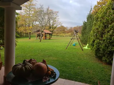 a plate of pumpkins on a table in a yard at Rooms Leban in Šempas