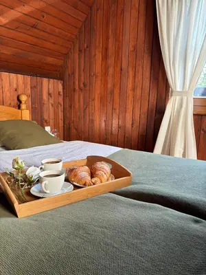 a tray of pastries and cups on a bed at Countryside cottage with mountain view in Lukovica pri Domžalah