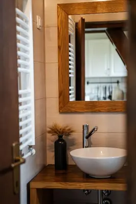 a bathroom with a white sink and a mirror at Countryside cottage with mountain view in Lukovica pri Domžalah