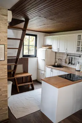 a kitchen with white cabinets and a wooden ceiling at Countryside cottage with mountain view in Lukovica pri Domžalah