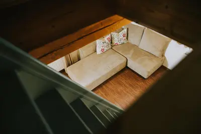 an overhead view of a living room with a couch at Apartments Julijana in Kranjska Gora
