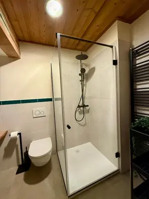 a bathroom with a toilet and a glass shower at Apartments Julijana in Kranjska Gora