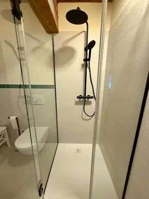 a shower in a bathroom with a toilet at Apartments Julijana in Kranjska Gora