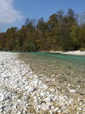 a group of rocks on the shore of a river at Apartments Maligoj in Tolmin