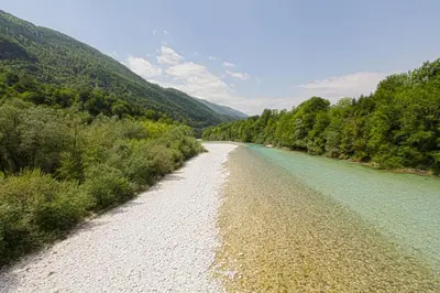 a river with a gravel road next to some trees at Apartments Maligoj in Tolmin
