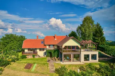 a house with a red roof on top of a yard at Podhamer Wellness Vineyard Cottages in Ljutomer