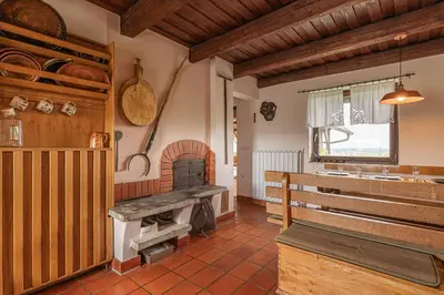 a kitchen with a brick oven in a house at Podhamer Wellness Vineyard Cottages in Ljutomer