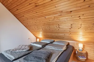 two beds in a room with a wooden ceiling at Podhamer Wellness Vineyard Cottages in Ljutomer