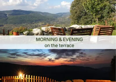 a collage of two pictures of a sunset at Villa Lapis - stone house with amazing view in Črni Kal