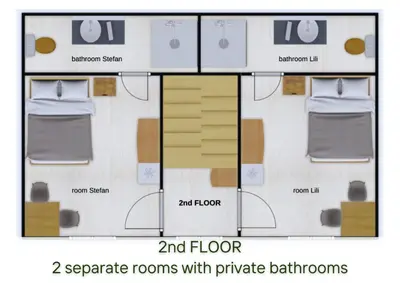 a floor plan of a separate rooms with private bathrooms at Villa Lapis - stone house with amazing view in Črni Kal