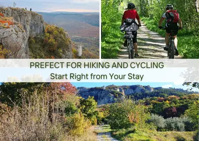 a collage of two pictures of people riding bikes on a trail at Villa Lapis - stone house with amazing view in Črni Kal