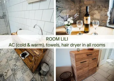 two pictures of a bathroom with a sink and a bottle of wine at Villa Lapis - stone house with amazing view in Črni Kal
