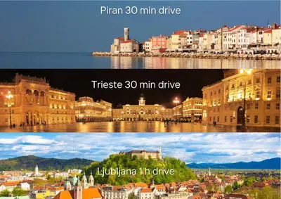 two pictures of a city with different buildings at Villa Lapis - stone house with amazing view in Črni Kal