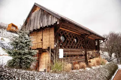 a wooden barn with a christmas tree in front of it at Hay barn unique experience Visole in Slovenska Bistrica