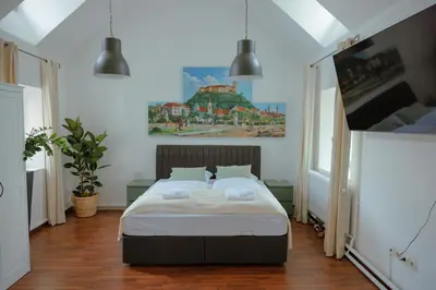 a bedroom with a bed and a painting on the wall at BRIDGE apartments in Ljubljana