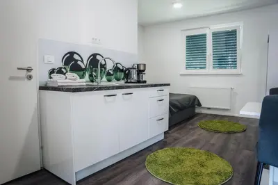 a kitchen with white cabinets and greenugs on a counter at Palace Garden in Ljubljana
