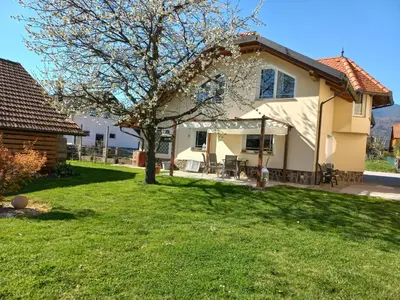 a house with a tree in the yard at Apartment Joga in Rečica ob Savinji