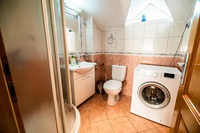 a bathroom with a washer and a toilet and a sink at Apartment Joga in Rečica ob Savinji