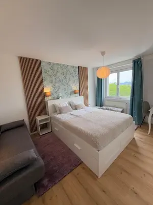 a bedroom with a large bed and a couch at Central Elite Vista-with parking in Ljubljana