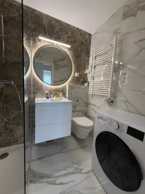 a bathroom with a sink and a washing machine at Central Elite Vista-with parking in Ljubljana