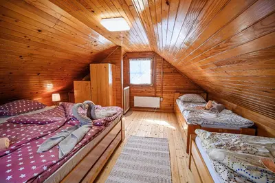 a room with two beds in a wooden cabin at Holiday Home Brina 69 in Čatež ob Savi