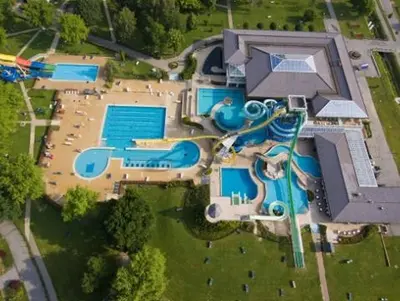 an overhead view of a resort with a swimming pool at Apartma Trobentica 15 in Moravske Toplice