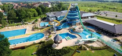 an aerial view of a water park with a roller coaster at Apartma Trobentica 15 in Moravske Toplice
