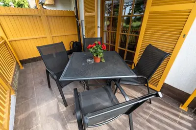 a black table and chairs on a porch with flowers at Apartma Trobentica 15 in Moravske Toplice